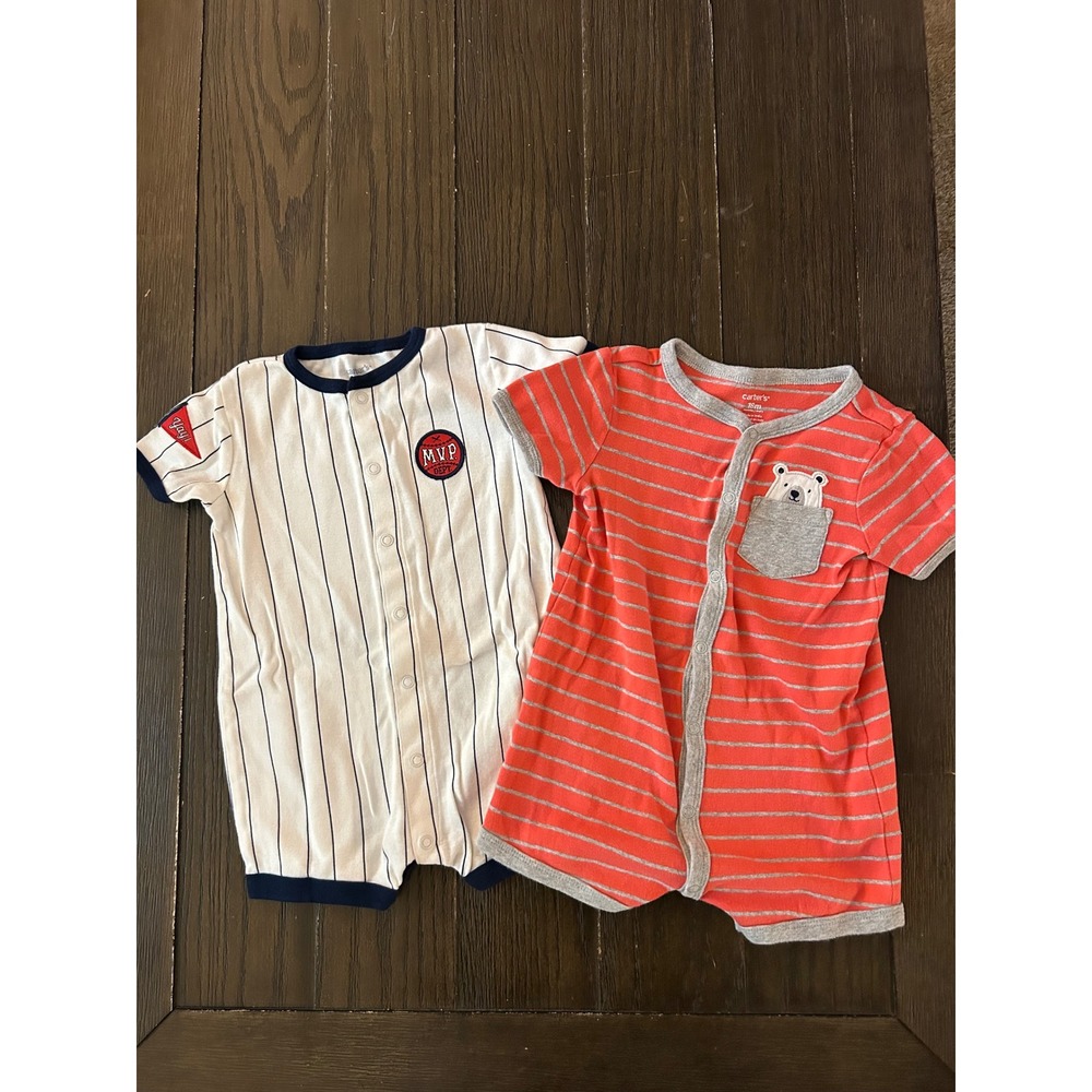 Carter's Baby Boys 18M Romper Lot 2 Baseball Pinstripe & Striped Bear Pocket